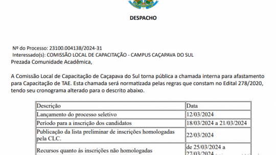 Cronograma - Comissão Local de Capacitação de Caçapava do Sul torna pública a chamada interna para afastamento para qualificação