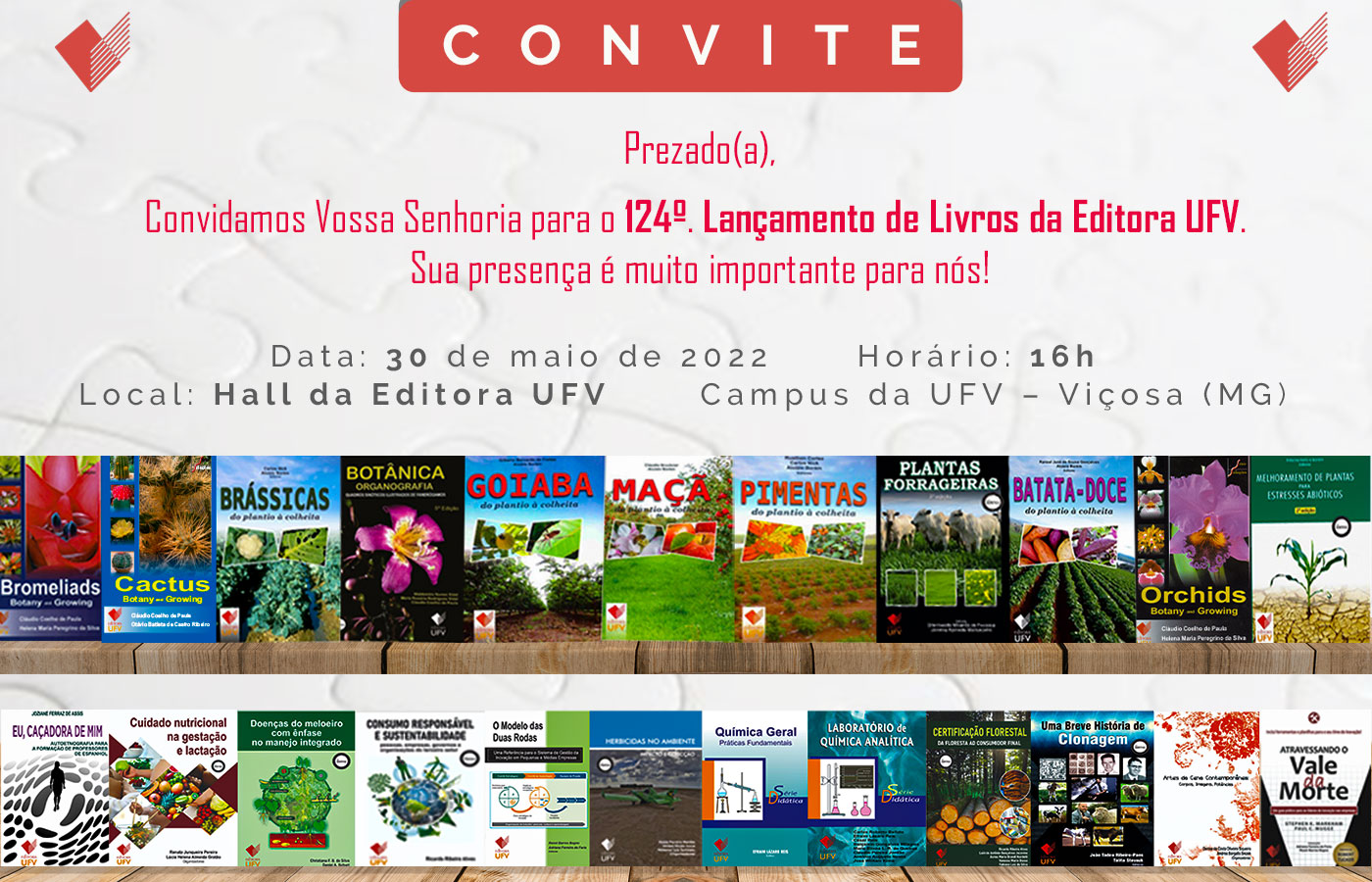 Ilustração de convite para lançamento de livros pela Editora UFV da Universidade Federal de Viçosa