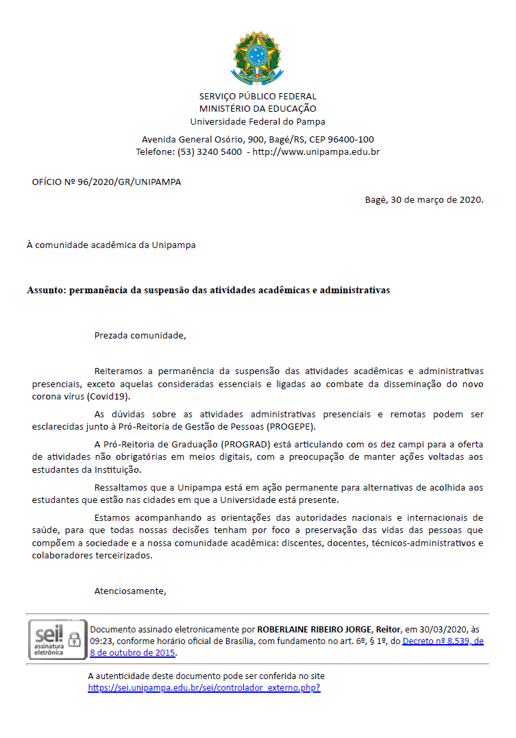 Unipampa anuncia permanência da suspensão das atividades acadêmicas e administrativas