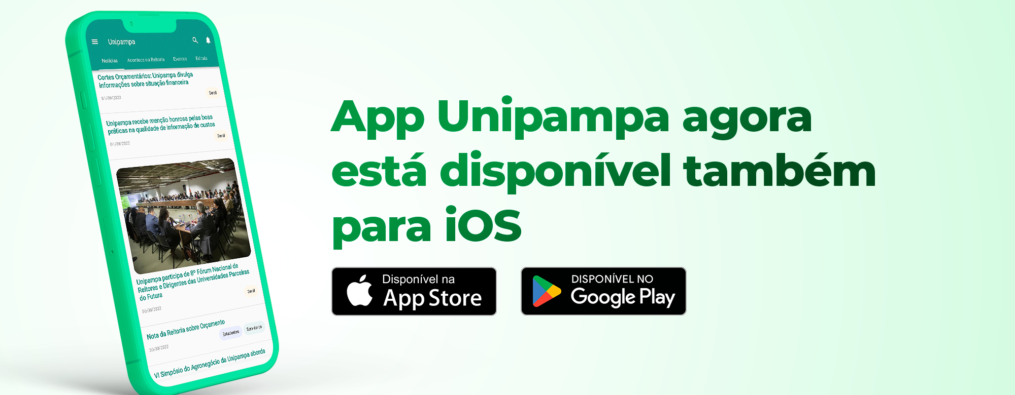 Card com ícone de celular e título App Unipampa agora está disponível também para iOS