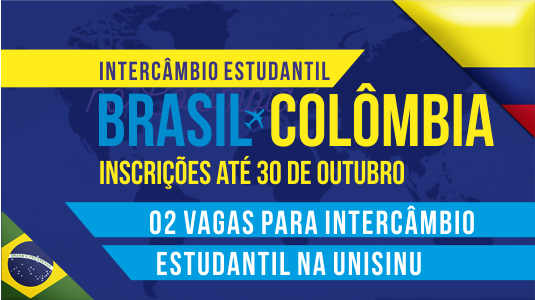 Imagem com fundo azul e detalhes em amarelo, remetendo à bandeira da Colômbia, com imagens das bandeiras de Brasil e Colômbia