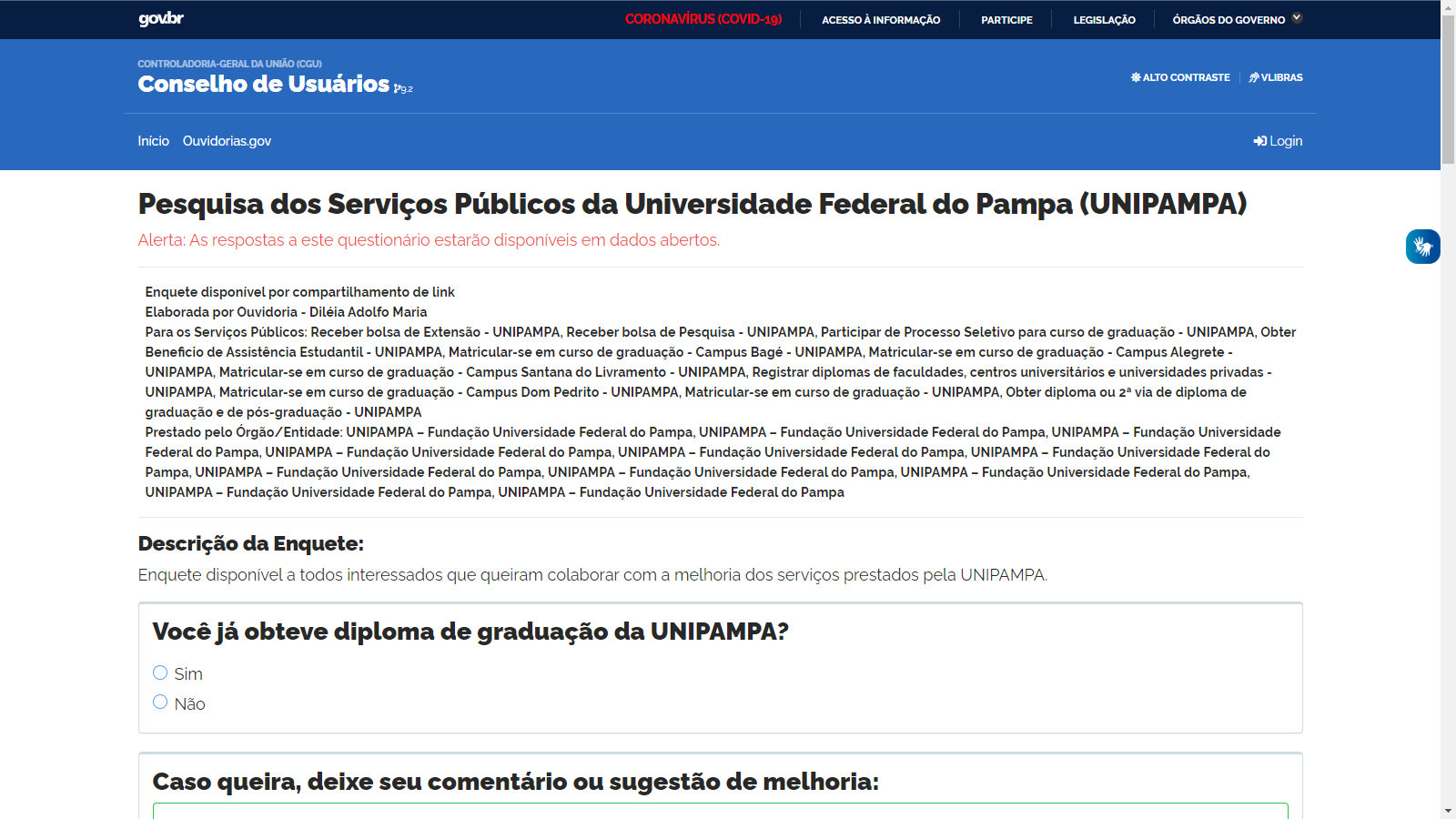 Print de tela do computador de pesquisa sobre serviços públicos prestados na Unipampa