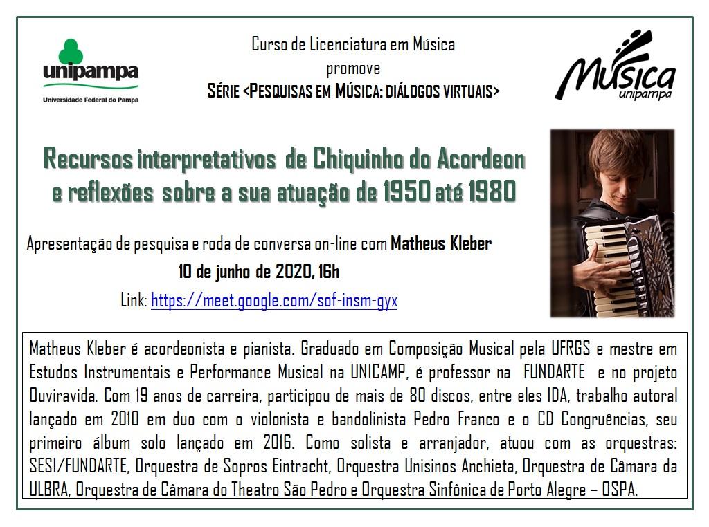 cartaz sétima edição do Pesquisas em Música. informações do evento e foto de homem com acordeon