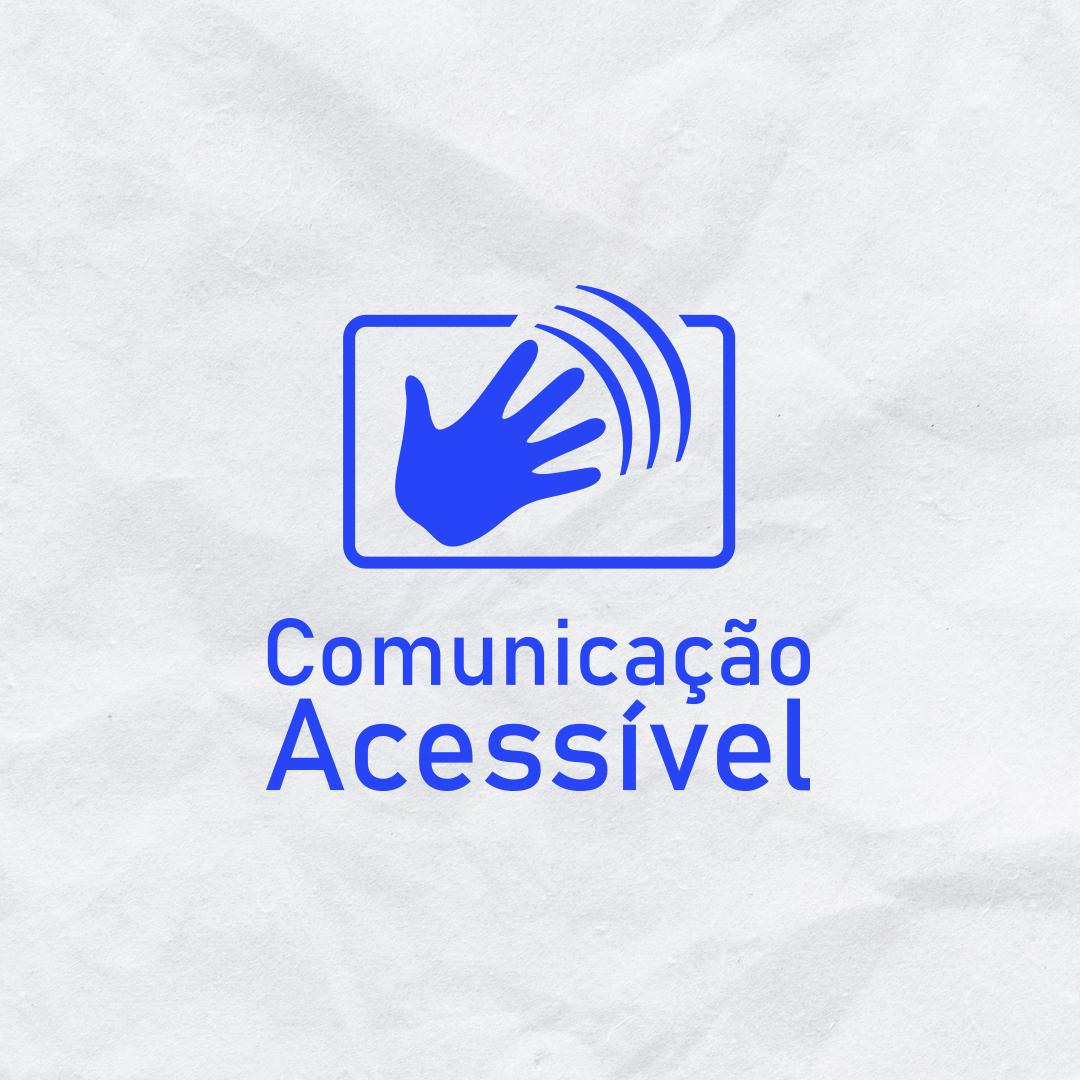 card colorido com fundo branco com textura de papel e ícone de mão dentro de uma tela e a frase: Comunicação Acessível