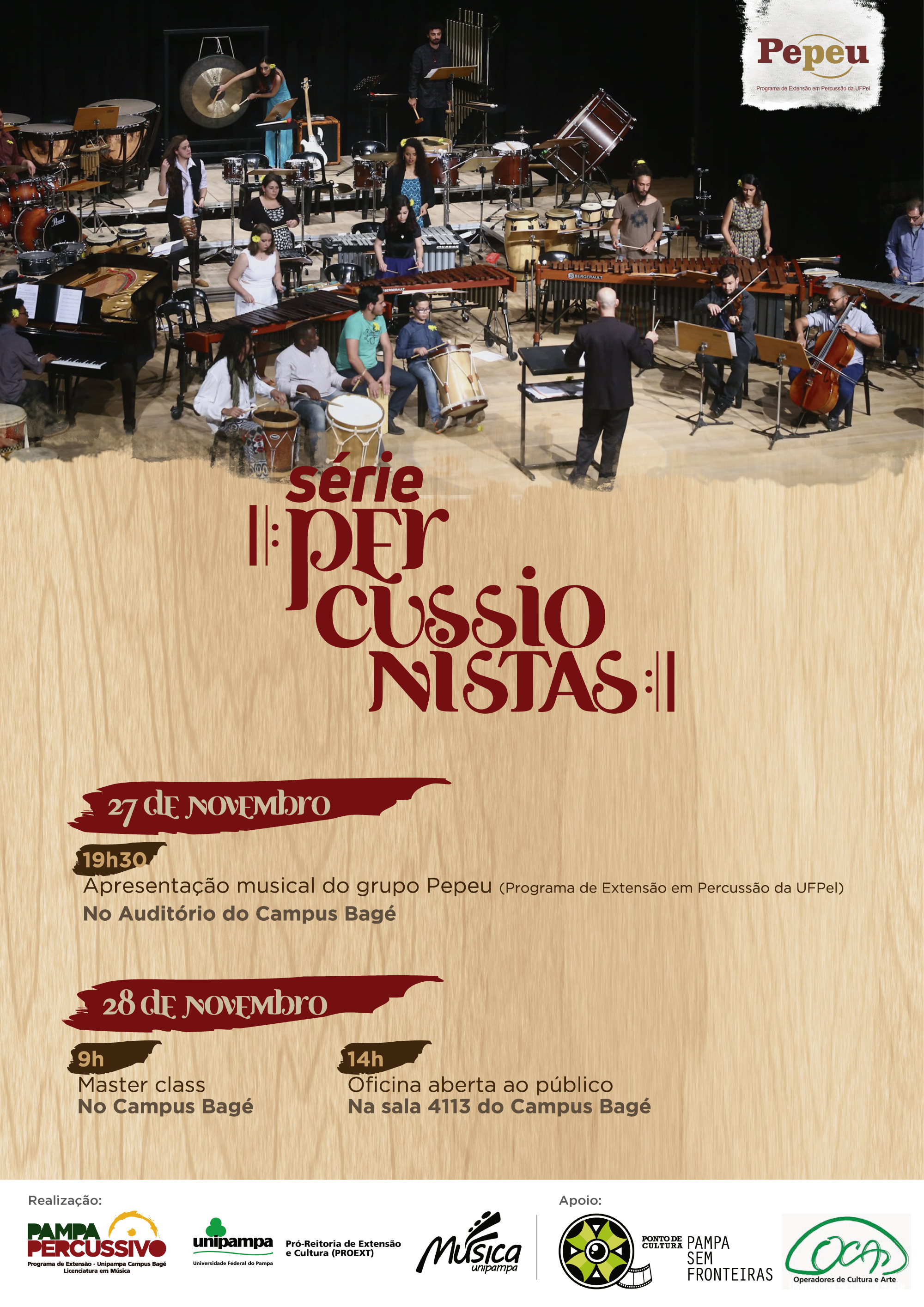 Banner publicitário com anúncio do 4º concerto da Série Percussionistas.