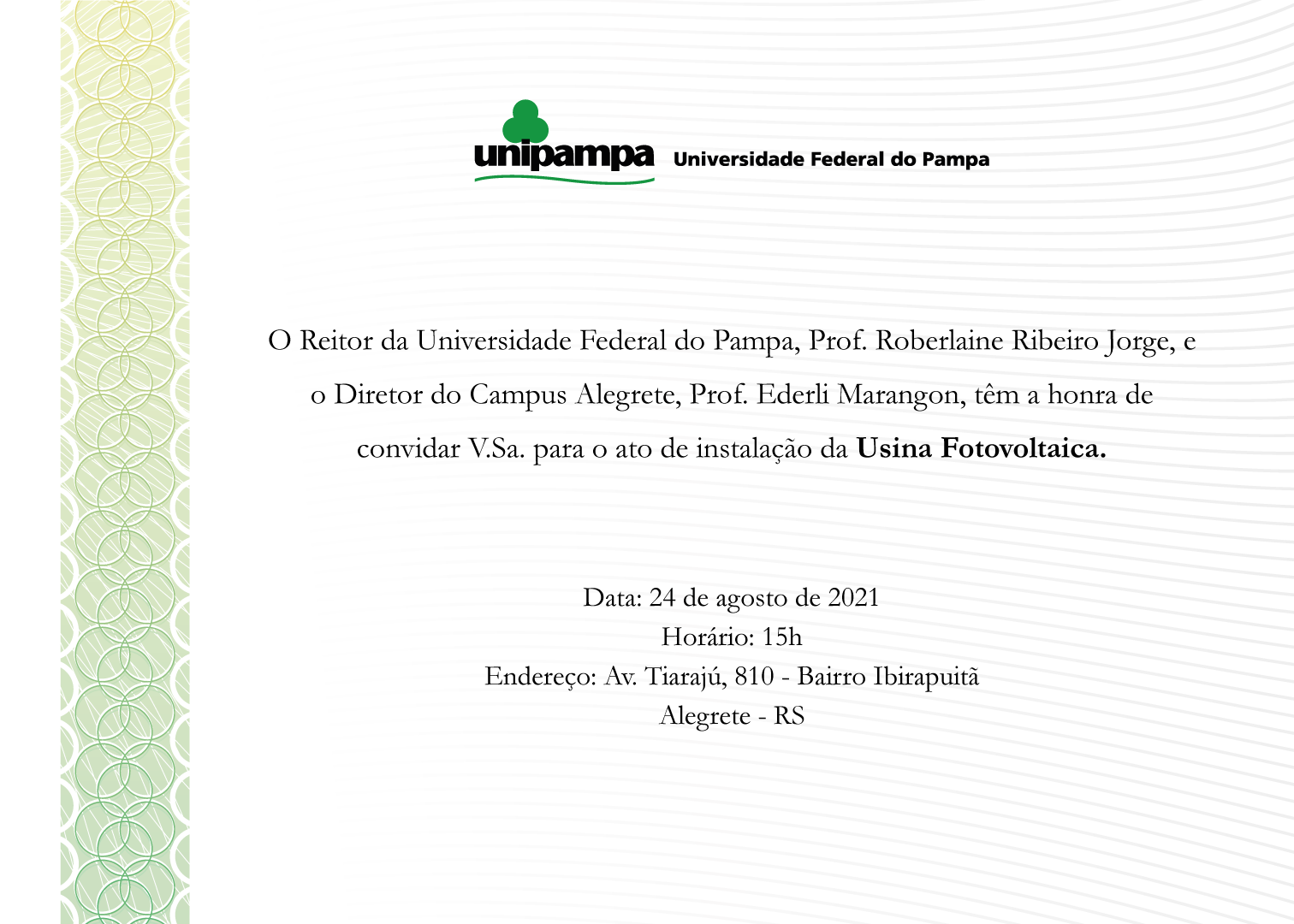 Convite para inauguração da Usina Fotovoltaica do Campus Alegrete - Divulgação