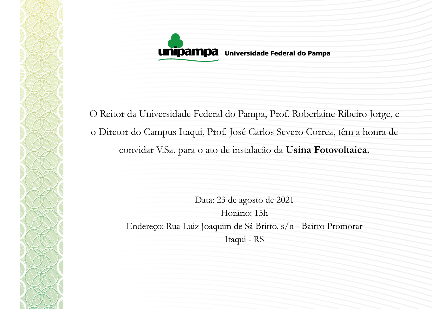 Convite para inauguração da Usina Fotovoltaica do Campus Itaqui - Divulgação