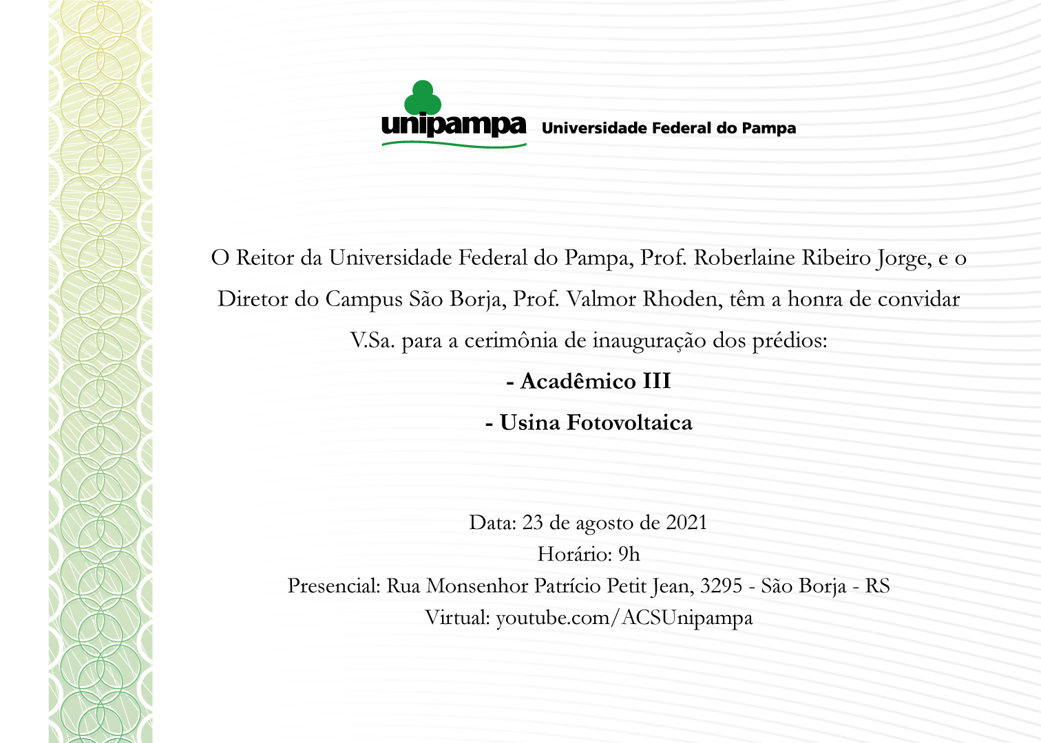 Convite para inauguração do Prédio Acadêmico III e da Usina Fotovoltaica do Campus São Borja - Divulgação