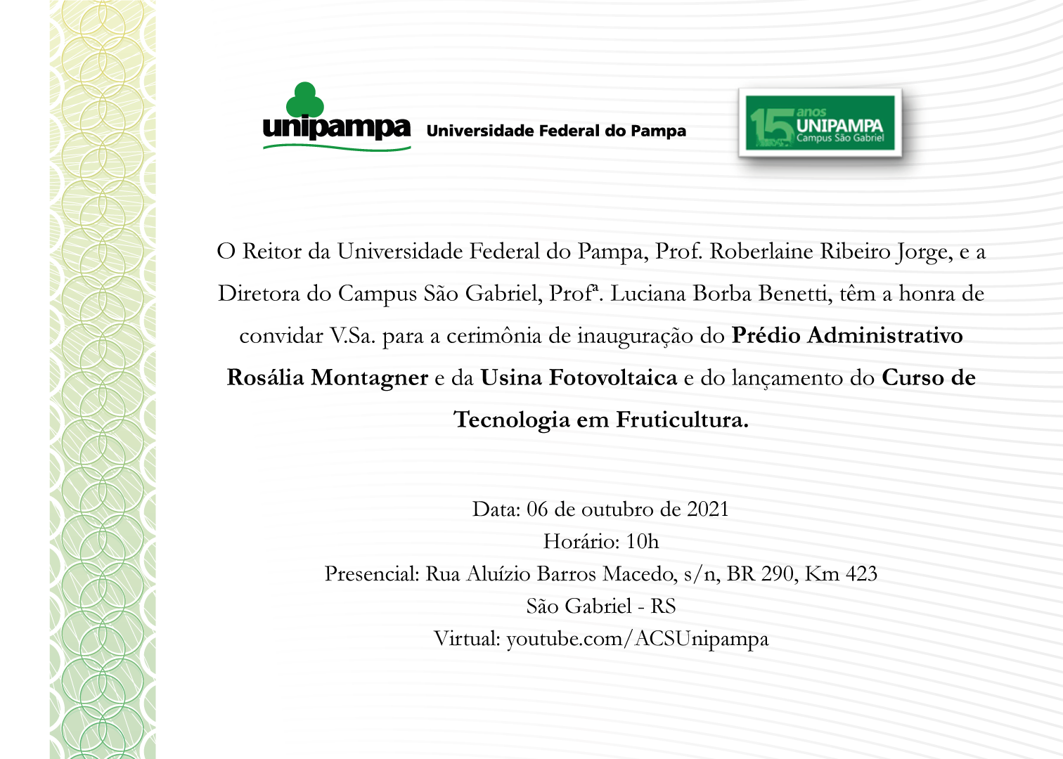 Convite para cerimônia de inaugurações e lançamento de curso no Campus São Gabriel
