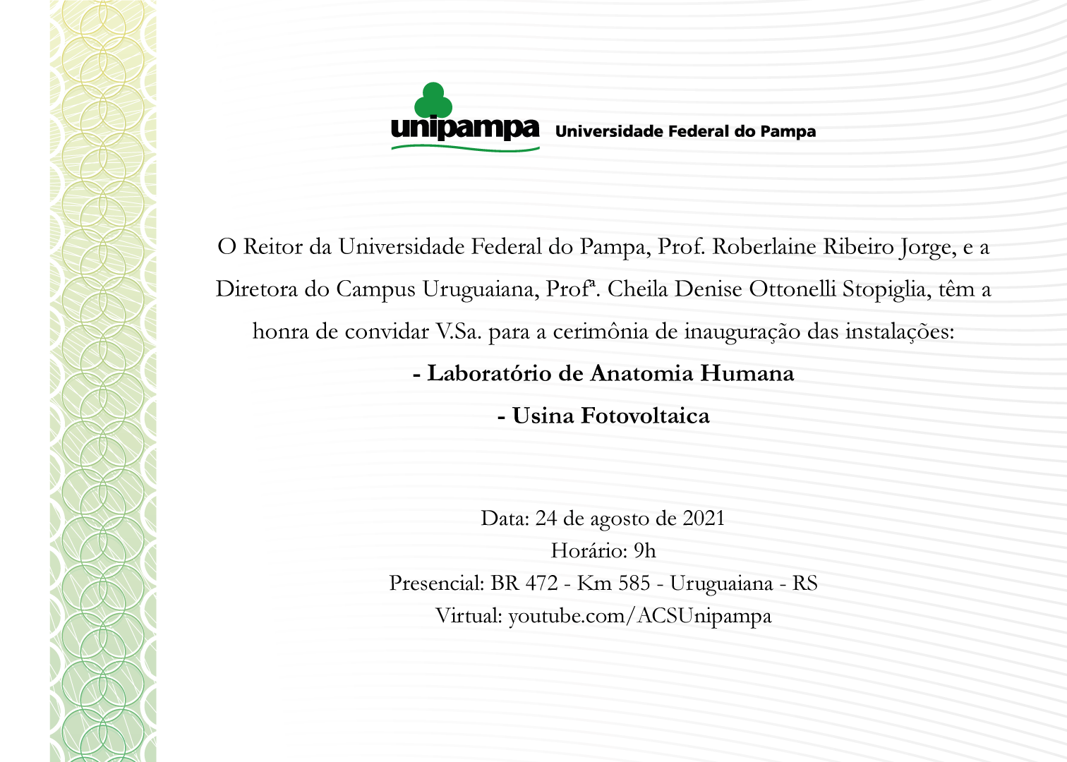 Convite para inauguração de Laboratório de Anatomia Humana e Usina Fotovoltaica do Campus Uruguaiana - Divulgação