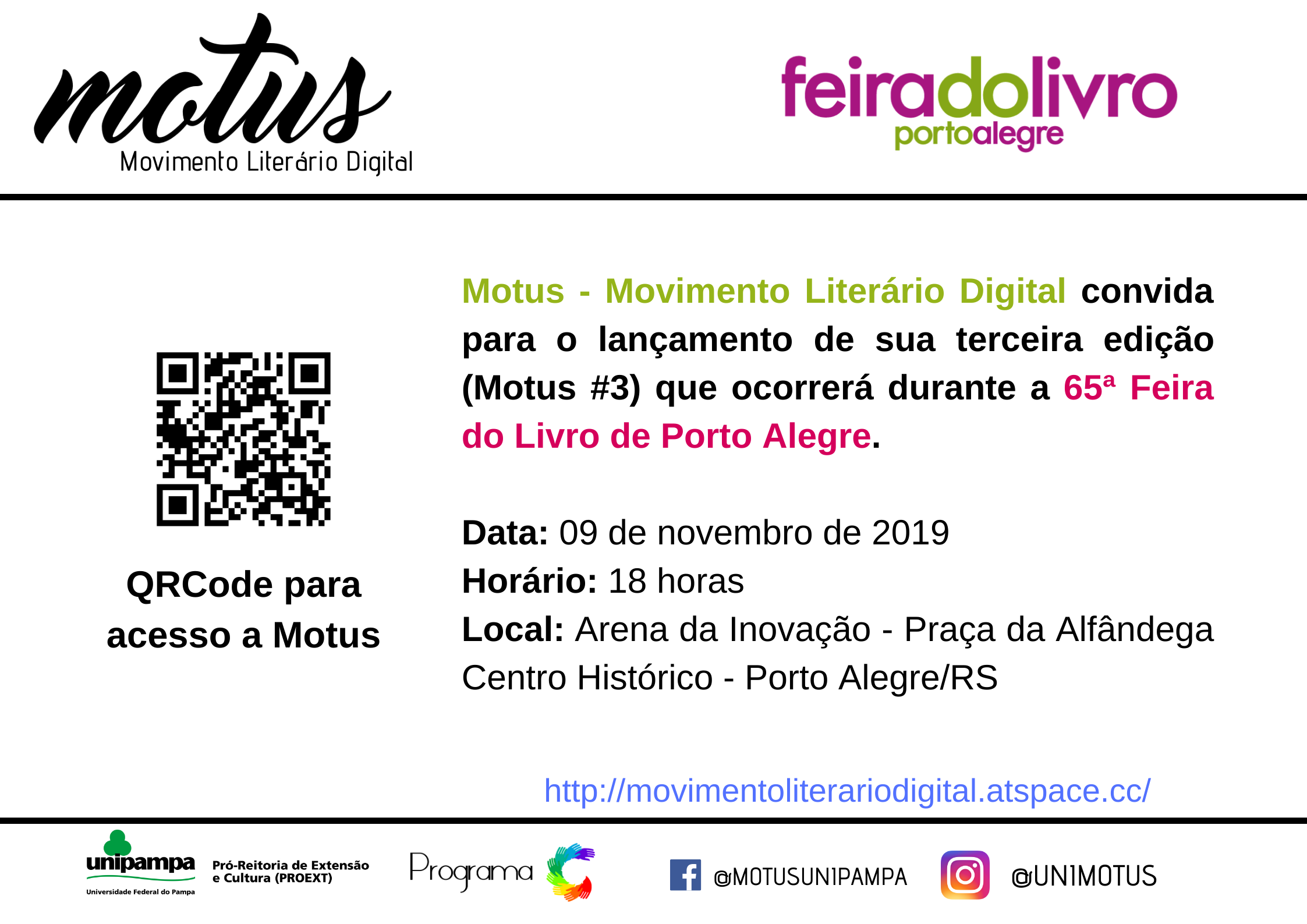 Convite lançamento Motus 3 dia 9 de novembro às 18h na Feira do Livro de Porto Alegre