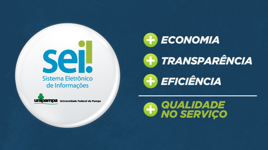 Sobre um fundo azul, o logo do SEI e da Unipampa: + economia + transparência + eficiência = + qualidade no serviço