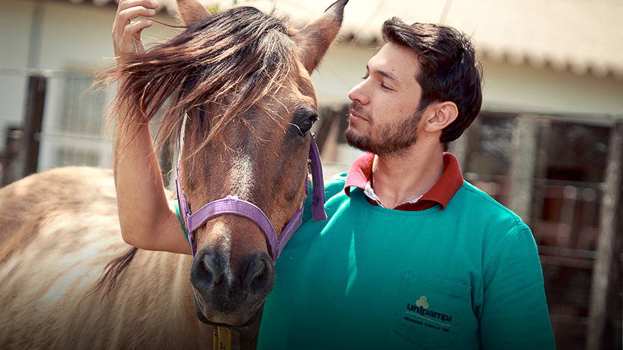 ao ar livre Veterinário de jaleco verde da Unipampa abraça um cavalo passando o braço sob a cabeça