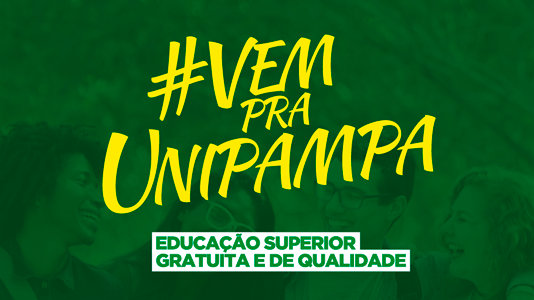 Fundo verde. Texto "#vempraunipampa" em amarelo e destacado.