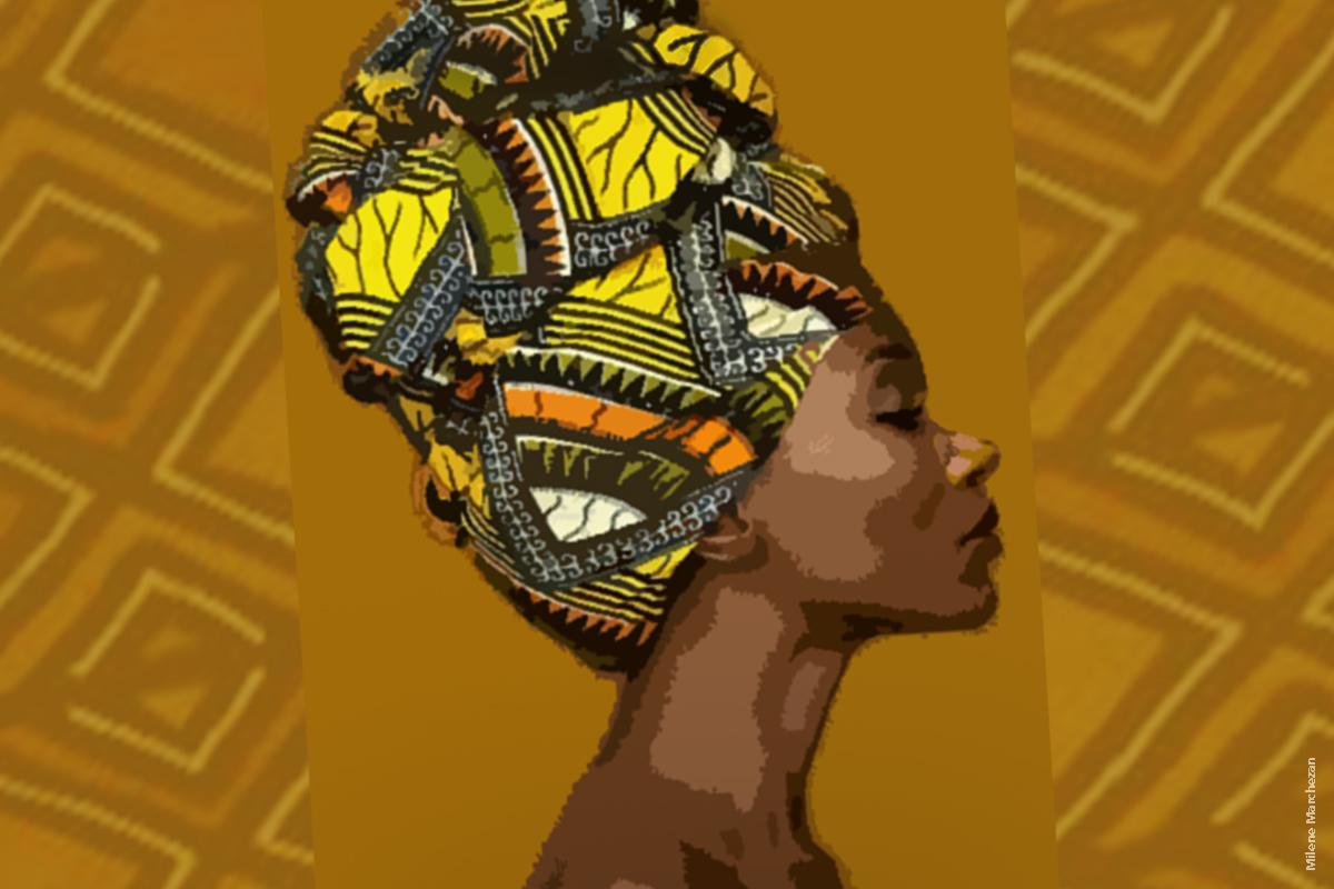 Fundo com textura em tons de marrom. Arte de mulher negra no centro, de perfil e usando turbante colorido.