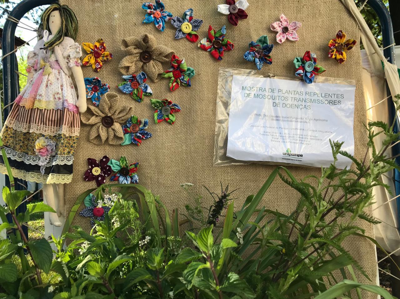 Um painel de juta com flores de juta e chita e uma boneca de pano fazem fundo para plantas repelentes e um cartaz.