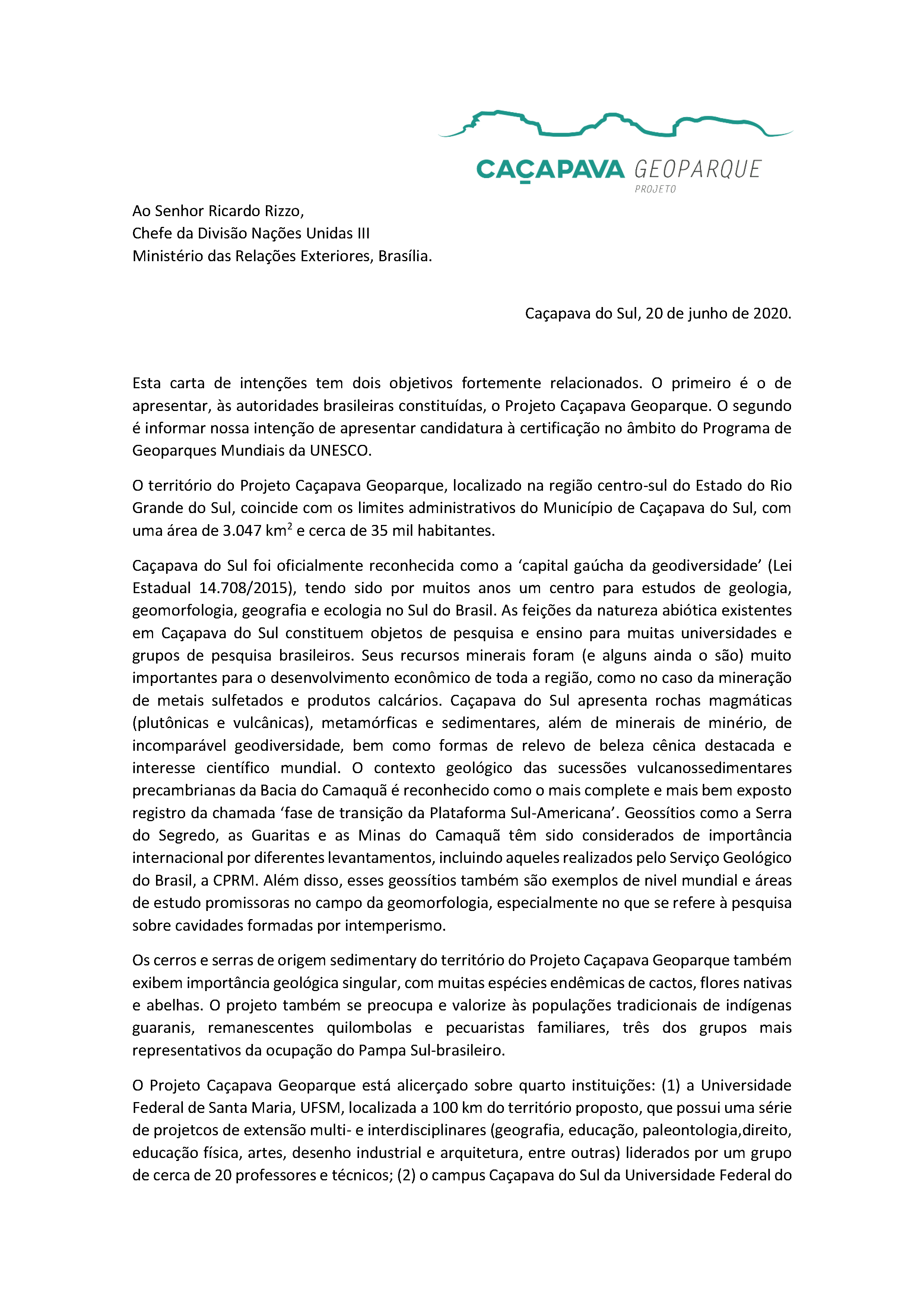 Primeira página da carta de intenções apresentada à Unesco.