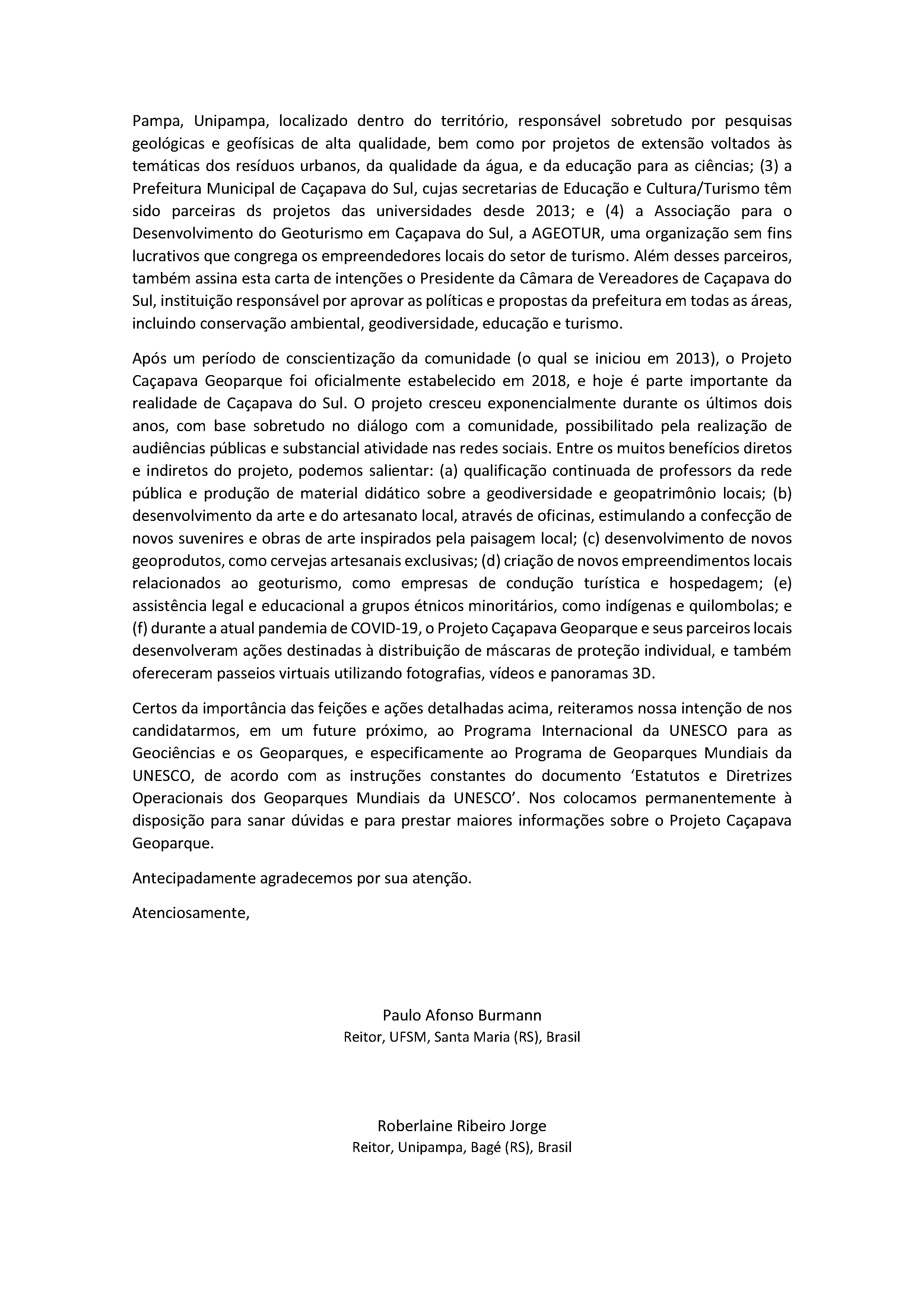 Segunda página da carta de intenções apresentada à Unesco.