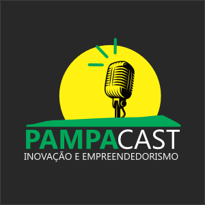 imagem colorida da logomarca do pampacast com nome em verde e branco, ícone de microfone em fundo circular amarelo e fundo preto