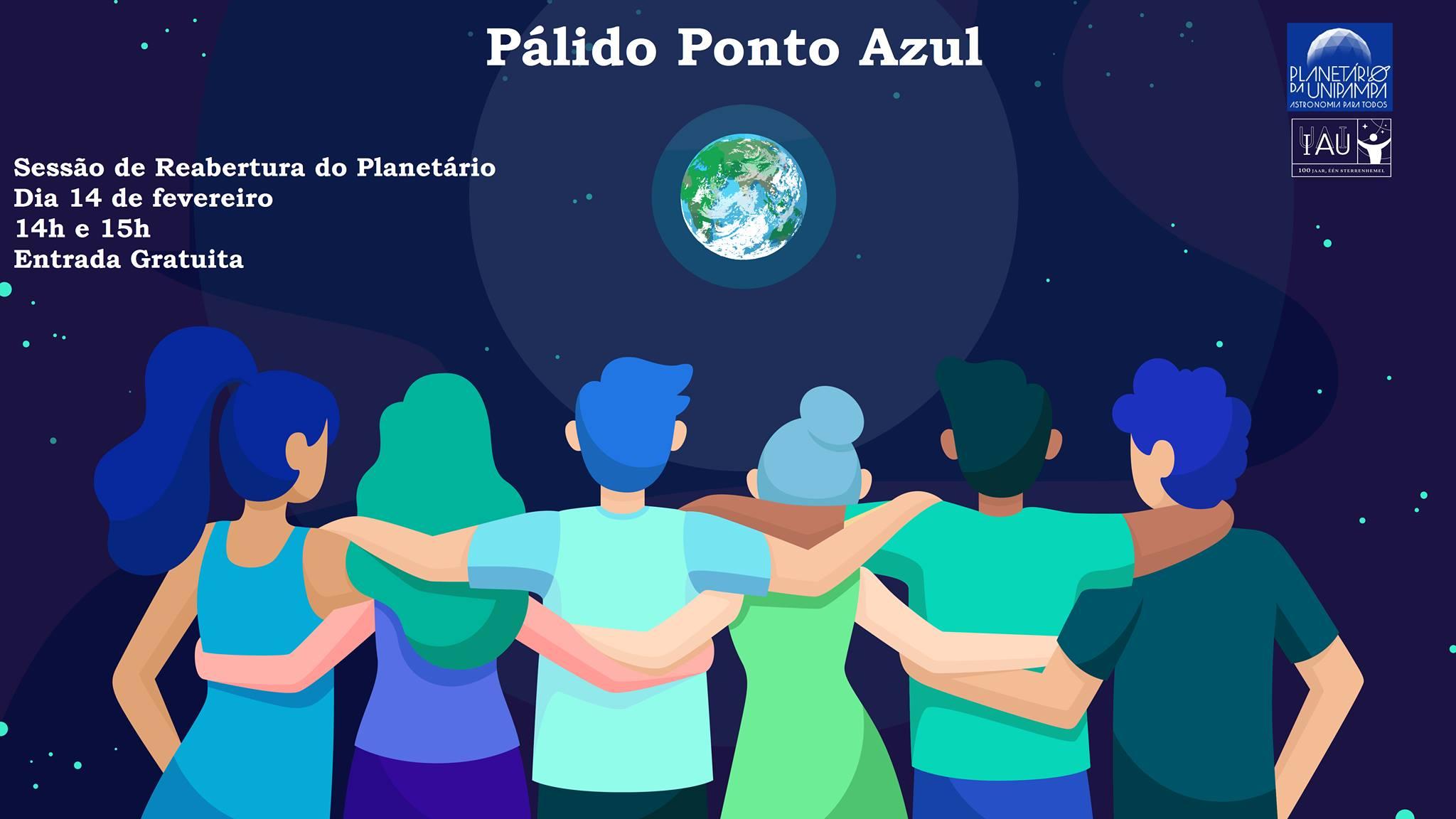 cartaz da sessão pálido ponto azul. em desenho, pessoas abraçadas observam a Terra a partir do espaço