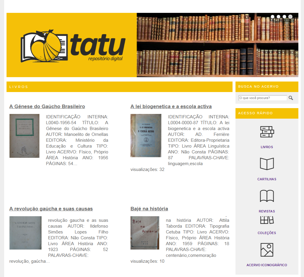 Página do Tatu com cabeçalho em amarelo e quatro obras disponibilizadas para visualização, exemplificando a forma de navegação