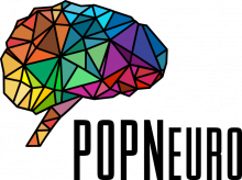 Logo PopNeuro, com cérebro multicolorido desenhado a partir de linhas geométricas
